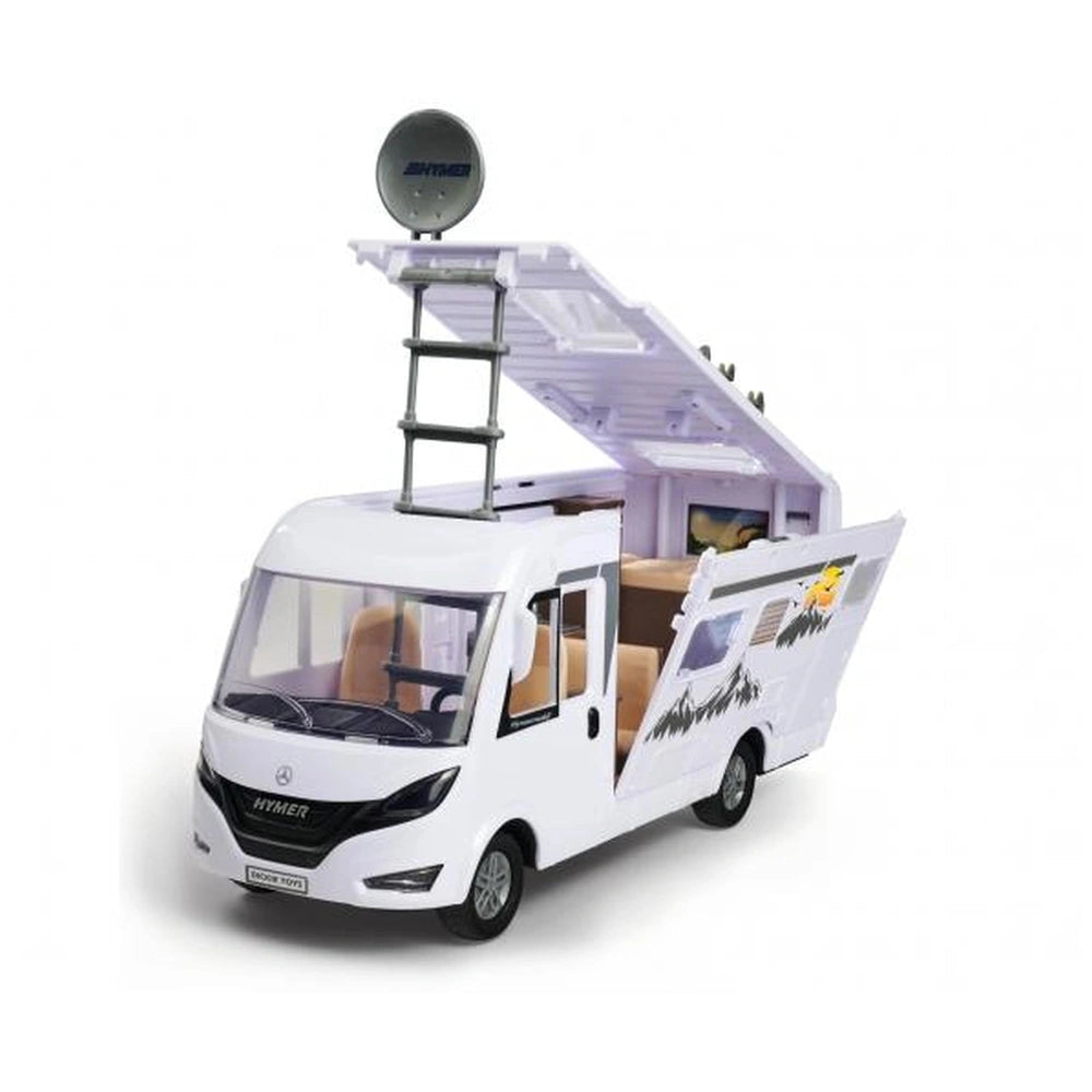 Dickie Hymer Camper Pop Up Set features a white plastic vehicle with tinted windows, black wheels, and a metallic roof rack.