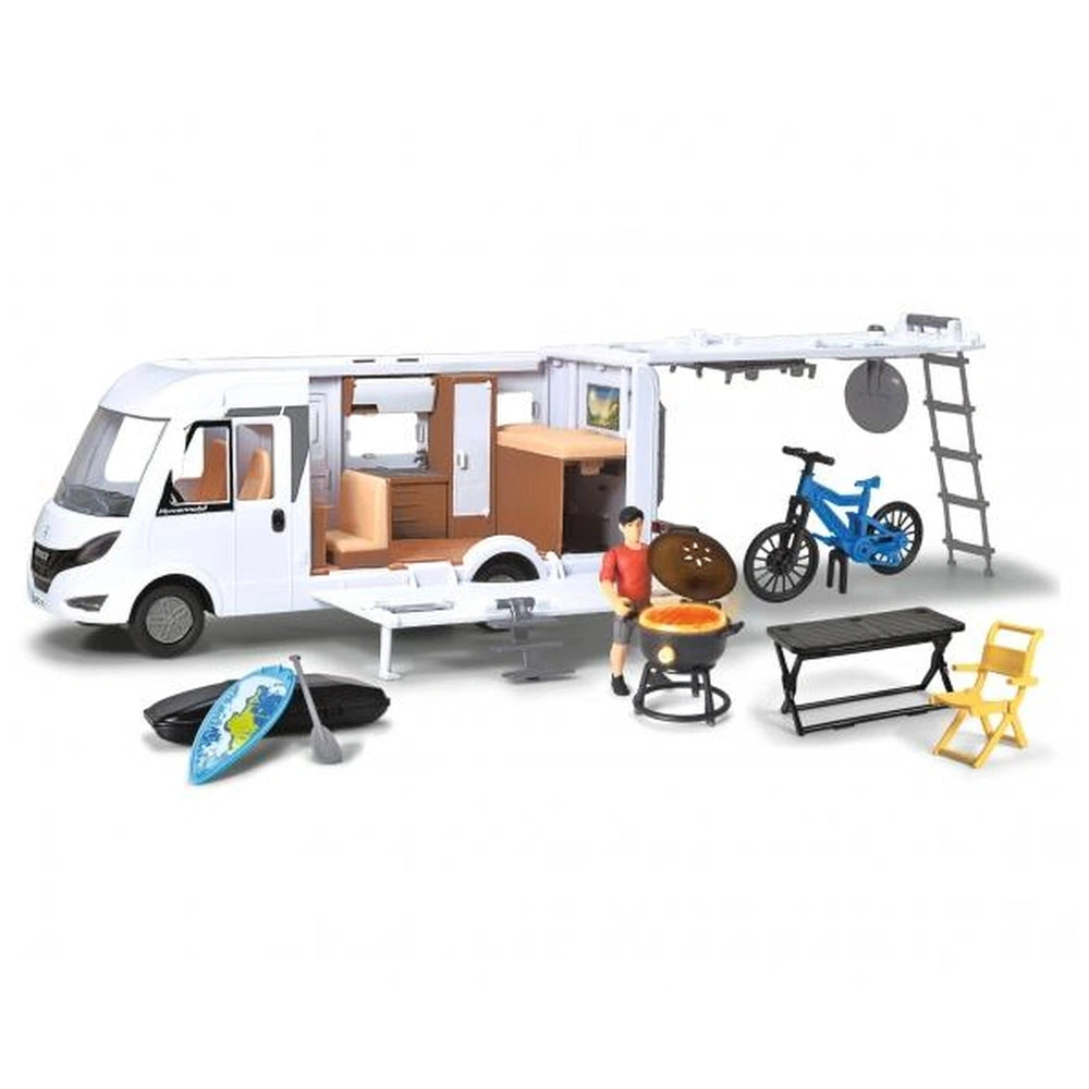 Dickie Hymer Camper Pop Up Set features a white vehicle, blue surfboard, and yellow fins arranged on a retail packaging layou