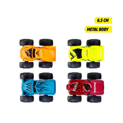 Dickie Key Racer play vehicles featuring four matte plastic car bodies with rubber tires in orange, yellow, blue, and red.