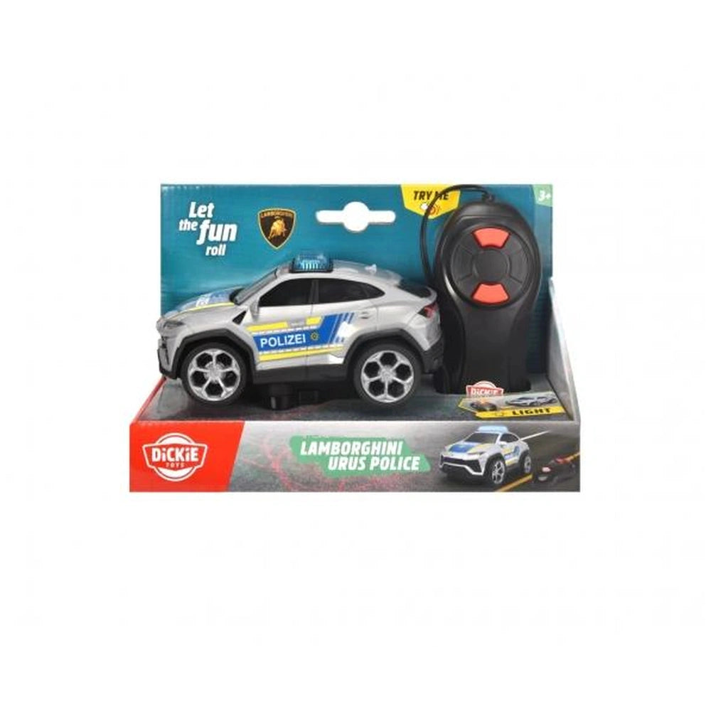 Dickie Lamborghini Urus remote-controlled toy vehicle in silver with blue and yellow accents, displayed in a cardboard packag