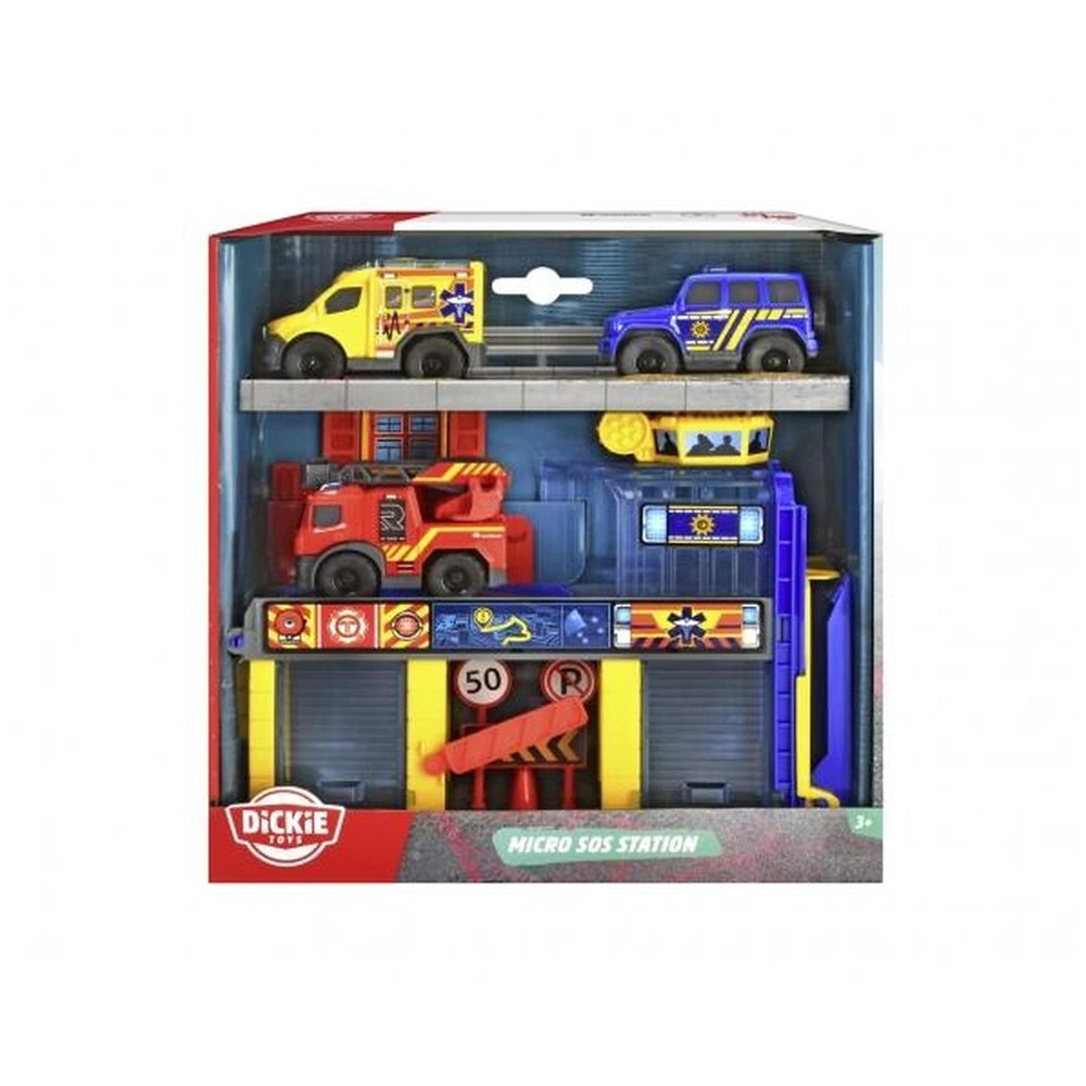 Dickie Micro Sos Station Toy Playsets featuring various emergency vehicles on matte cardboard packaging with glossy window.