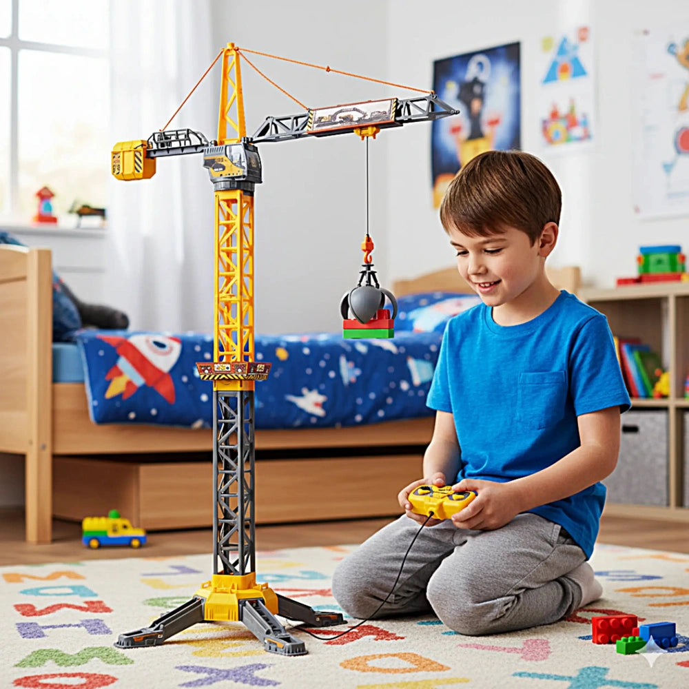 Mighty Crane play vehicle in yellow and gray on a starry bedspread, with a boy playing on a colorful letter-patterned carpet.