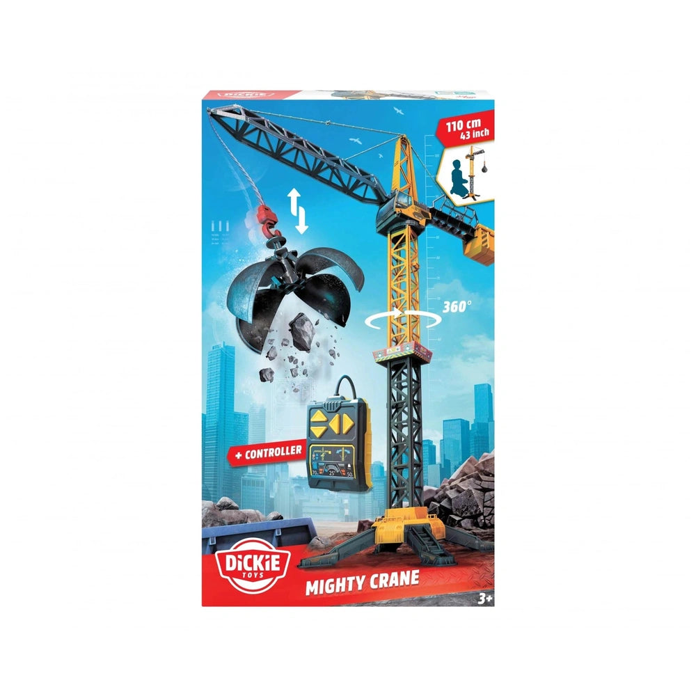 Dickie Mighty Crane Play Vehicle packaging features a yellow and black crane with a red-roofed building against a blue sky.