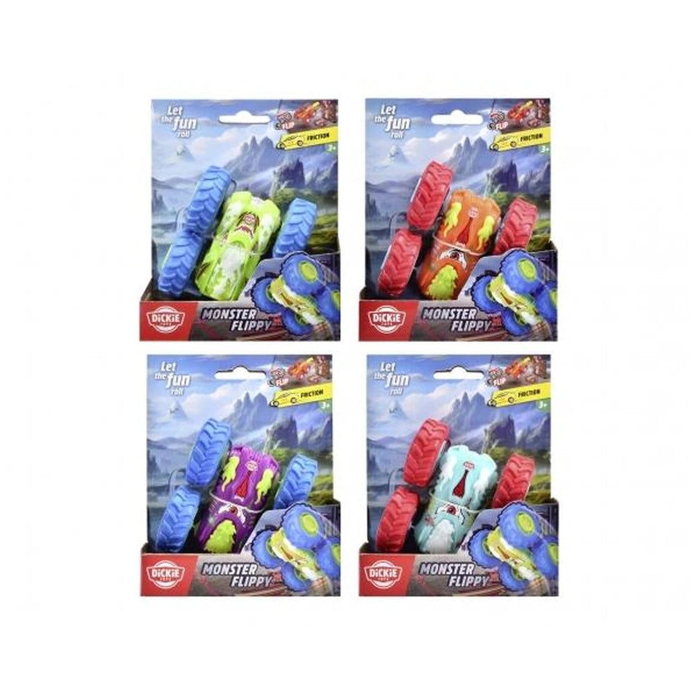Dickie Monster Flippy assorted play vehicles in red packaging featuring four colorful monster toys and playful text labels.