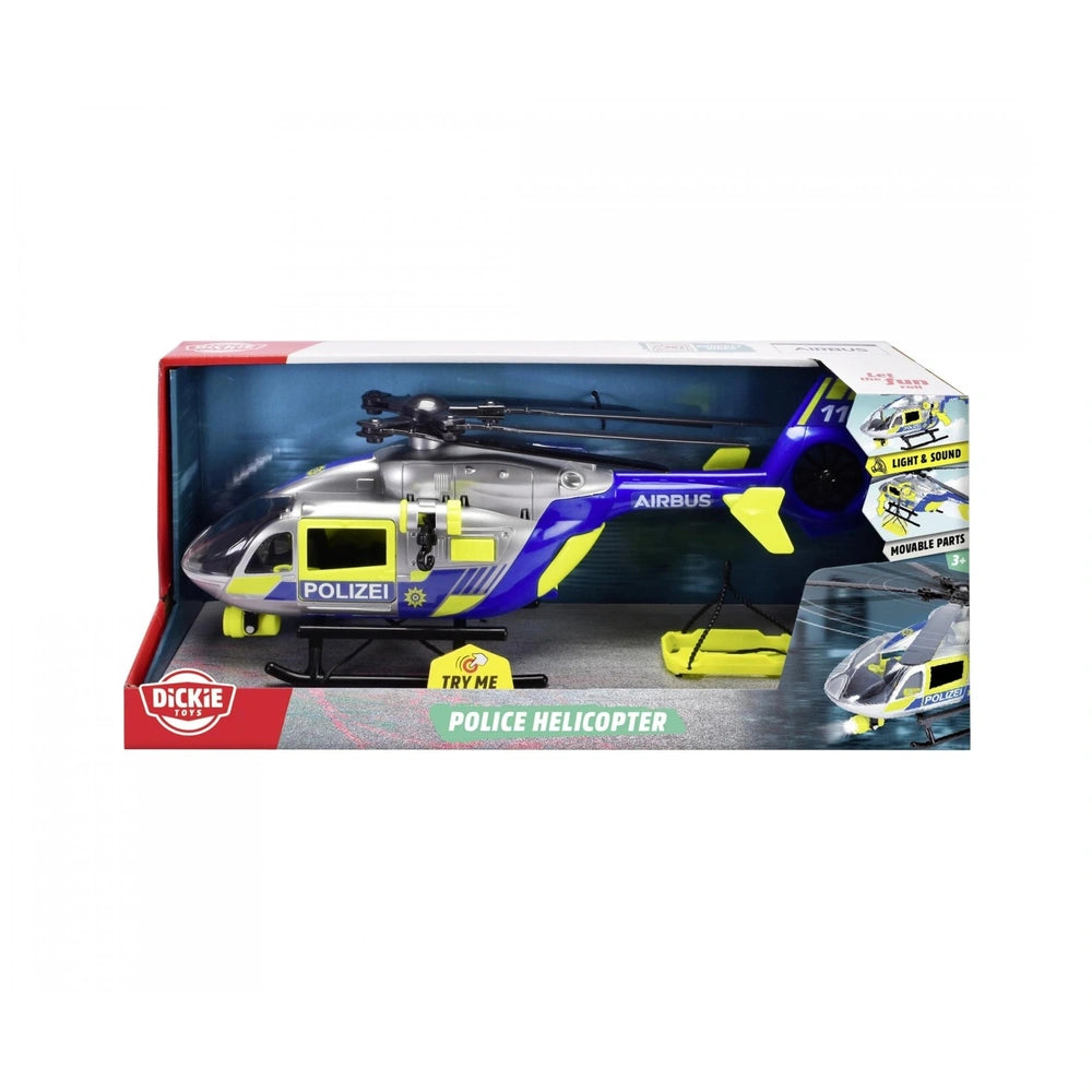 Dickie Police Helicopter Play Vehicle in blue and yellow, displayed in red and white cardboard packaging with a clear plastic