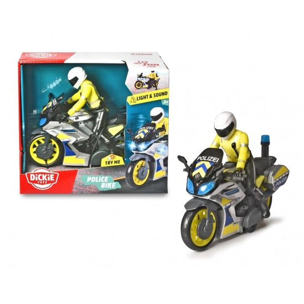 Dickie Police motorbike toy with sounds and lights, featuring a rider in a yellow jacket and white helmet, in red and white p