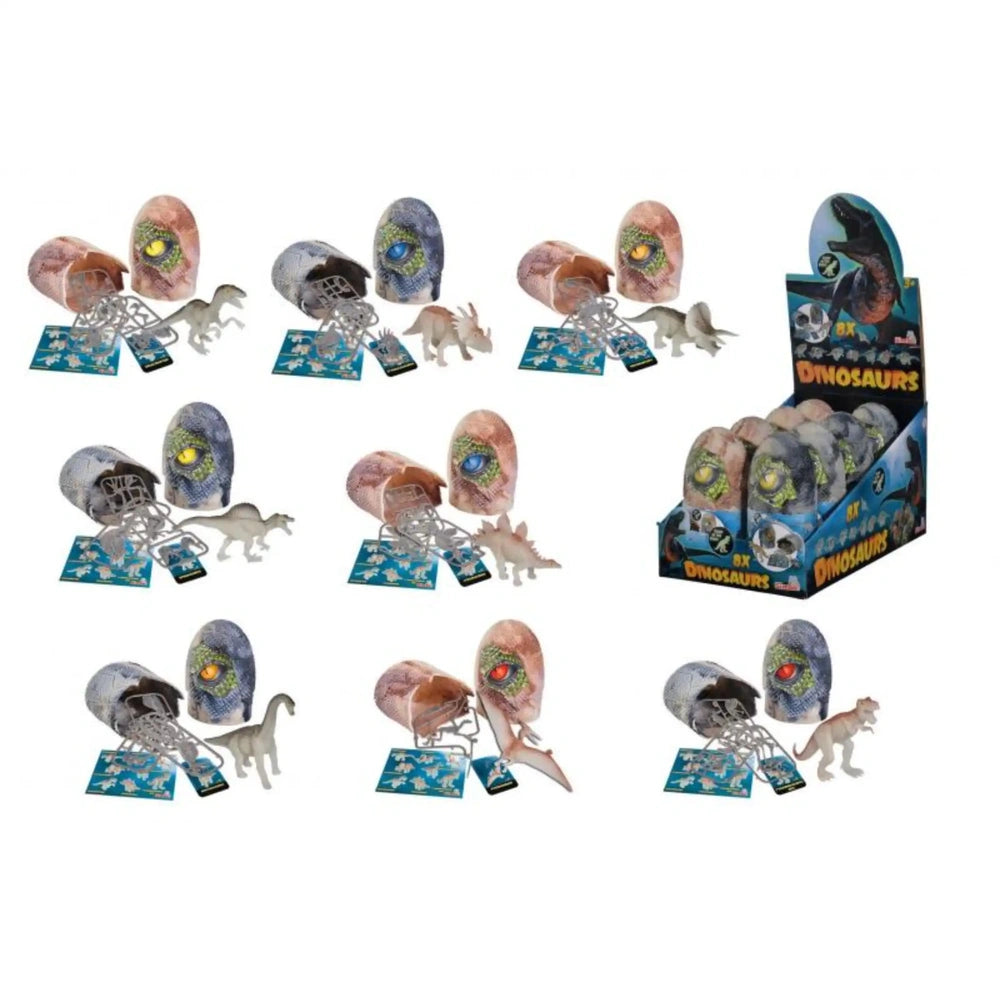 Dinosaur Egg Figure collection features colorful plastic dinosaurs displayed on a starry night-patterned blue surface.