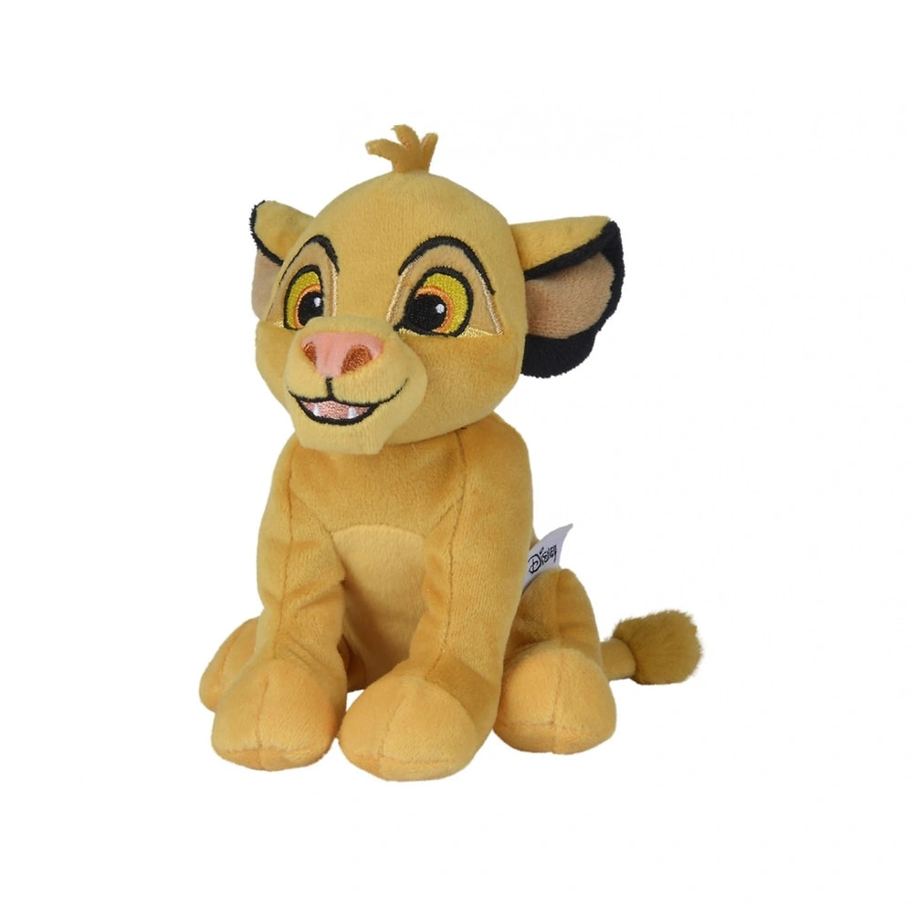 Plush toy of a friendly stylized lion with a yellow body, light brown mane, and a smiling expression, sitting upright.