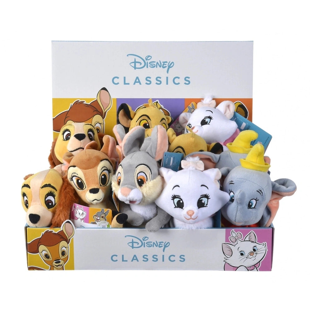 Disney Classic plush toys in a box, showcasing various characters in soft fabrics and vibrant colors.