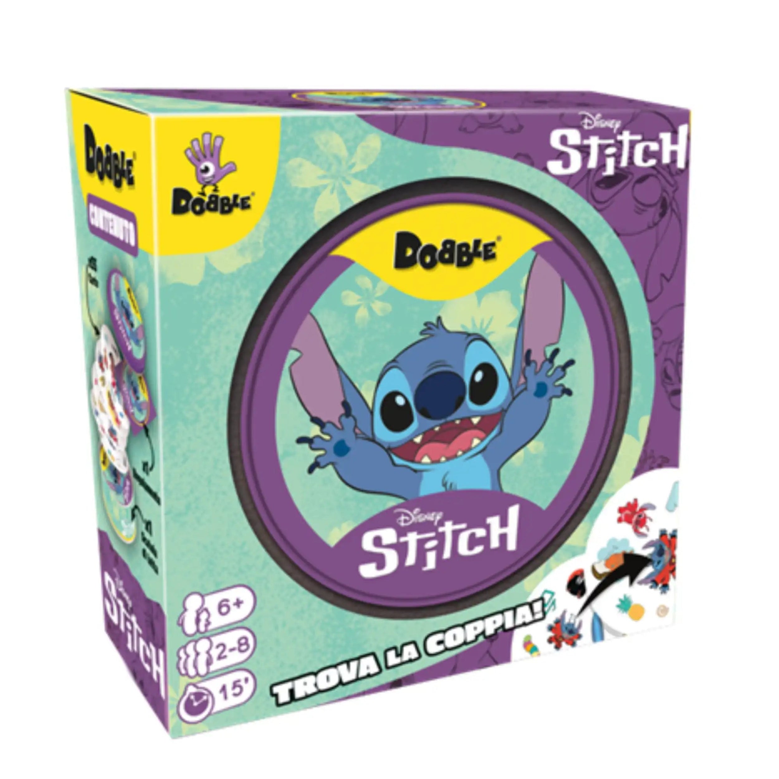 ASMODEE Dobble Disney Lilo & Stitch Card Game packaging with Stitch character, vibrant colors, and "Find the copy!" text.