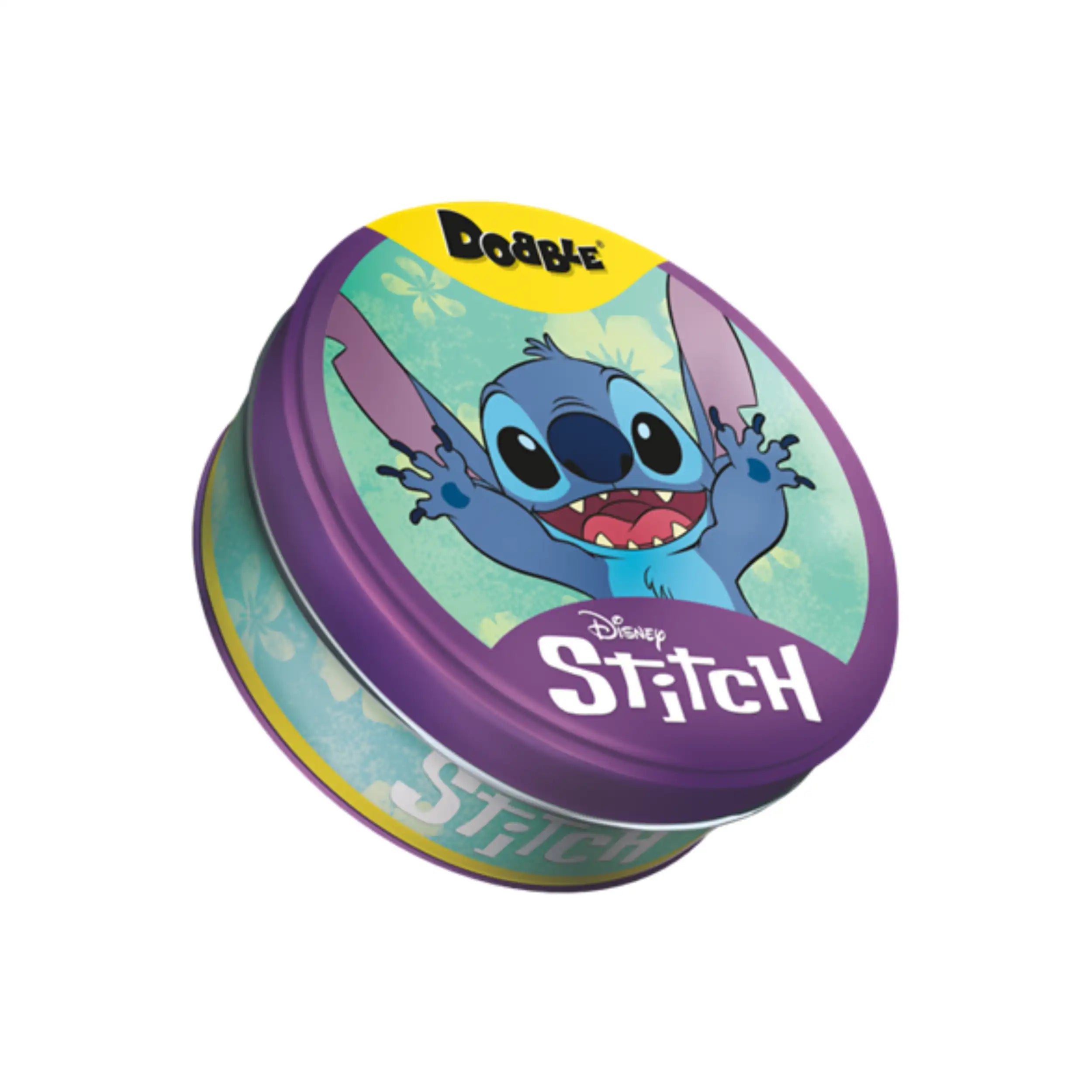 ASMODEE Dobble Disney Lilo & Stitch Card Game container, purple with Stitch illustration, vibrant, eco-friendly design.