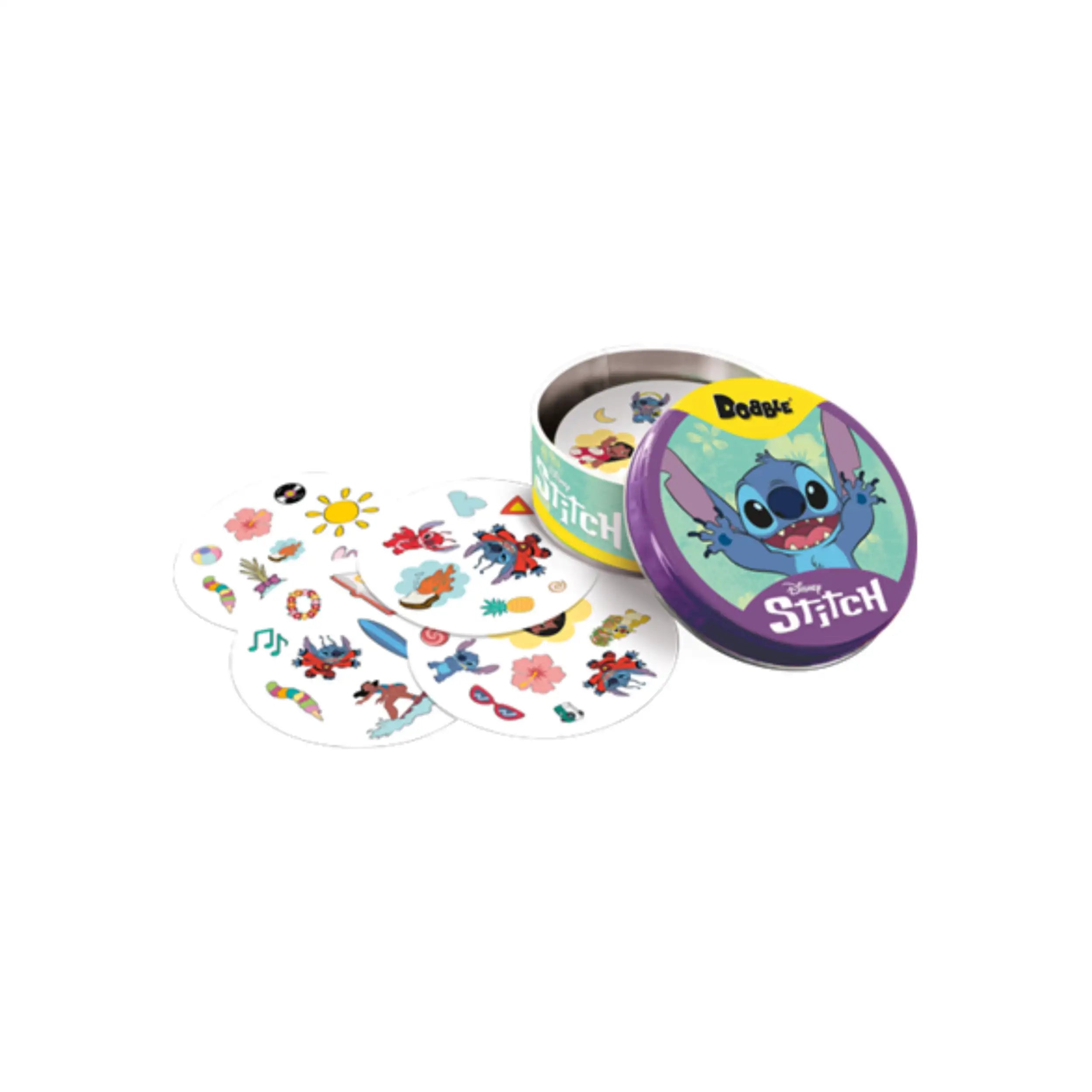 ASMODEE Dobble Disney Lilo & Stitch card game container with colorful stickers featuring Stitch's face and vibrant designs.