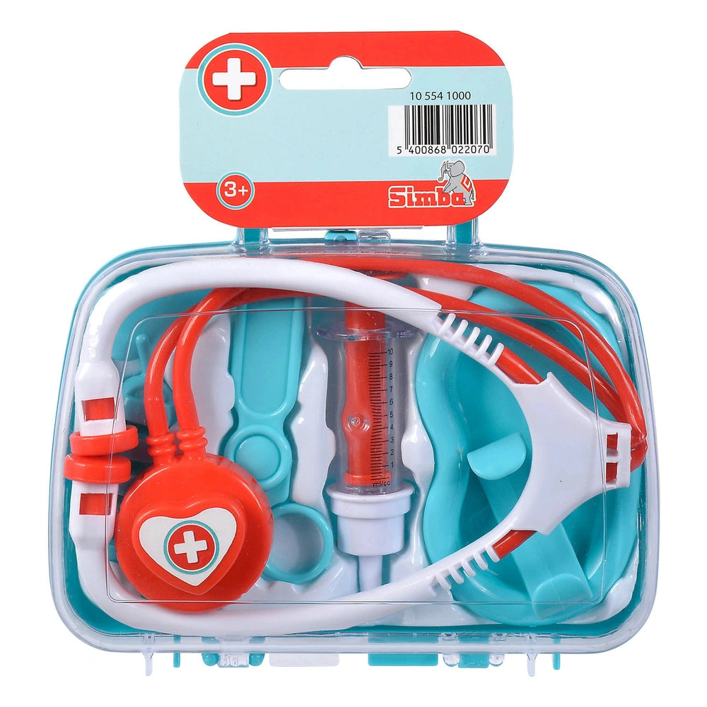 Doctors Case with Accessories features a colorful plastic medical kit, including a stethoscope, syringe, and heart-shaped ob