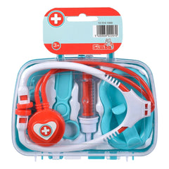 Doctors Case with Accessories features a colorful plastic medical kit, including a stethoscope, syringe, and heart-shaped ob