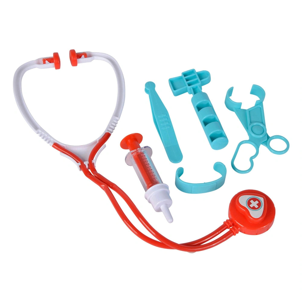 Doctors case with medical accessories including a stethoscope, syringe, scissors, tweezers, and forceps on a white backgroun