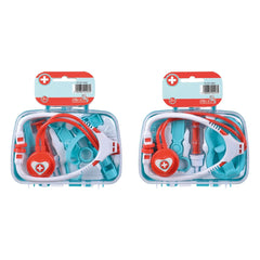 Doctors case with accessories features two clear plastic containers labeled with a red and white first aid cross, holding va
