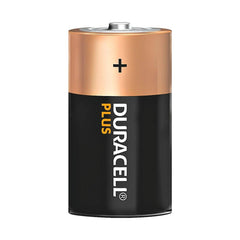 Duracell Plus-D K2 D Battery features a metallic casing, silver cap, and a black label with white and yellow text.