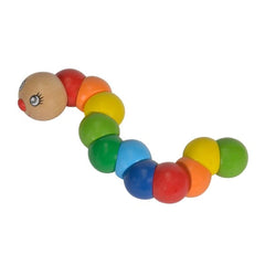 Eichhorn Baby Wooden Caterpillar is a colorful, segmented toy with a smooth surface, featuring vibrant hues and a flexible de