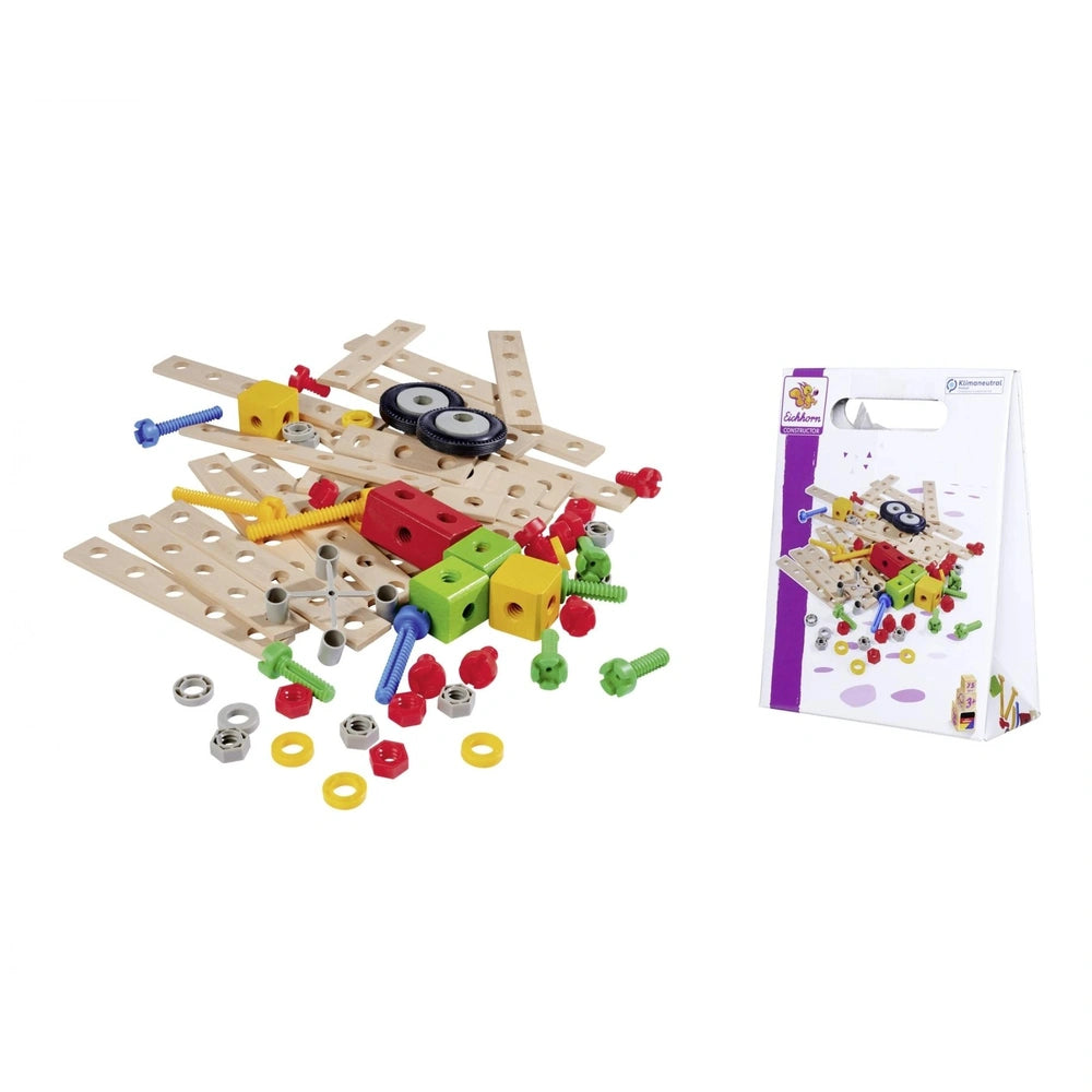 Eichhorn Constructor Expansion Set features wooden pieces and colorful plastic connectors alongside a cardboard box with a st