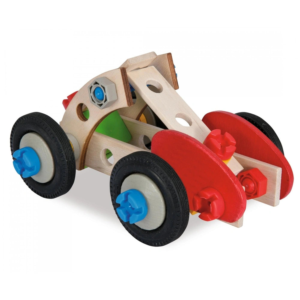 Red wooden toy car with black wheels and blue axles, featuring a flat base and simple design against a light background.