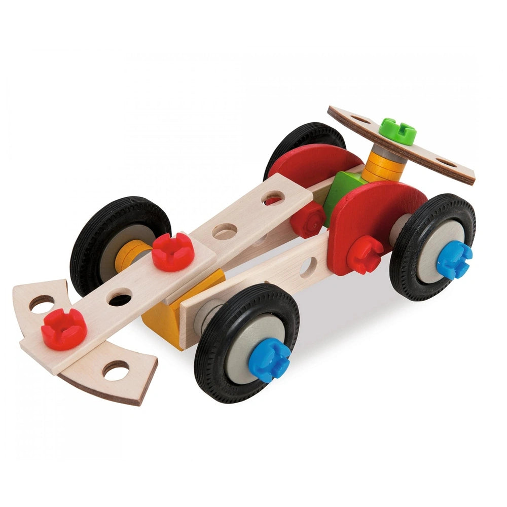 Wooden toy car in red and yellow with black wheels and a colorful steering wheel, set against a light background.
