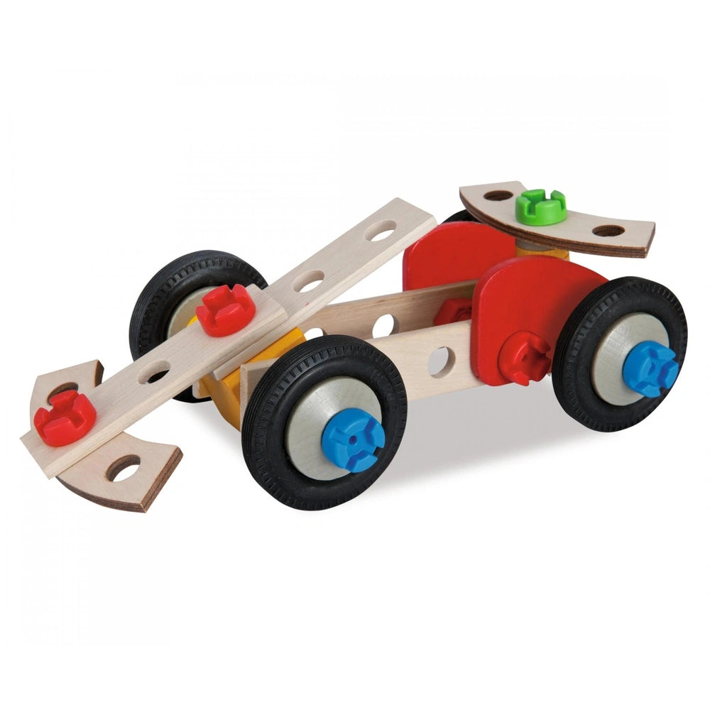 Eichhorn Constructor Racer Car features a simple wooden design with a red body, black wheels, and red axles on a light backgr