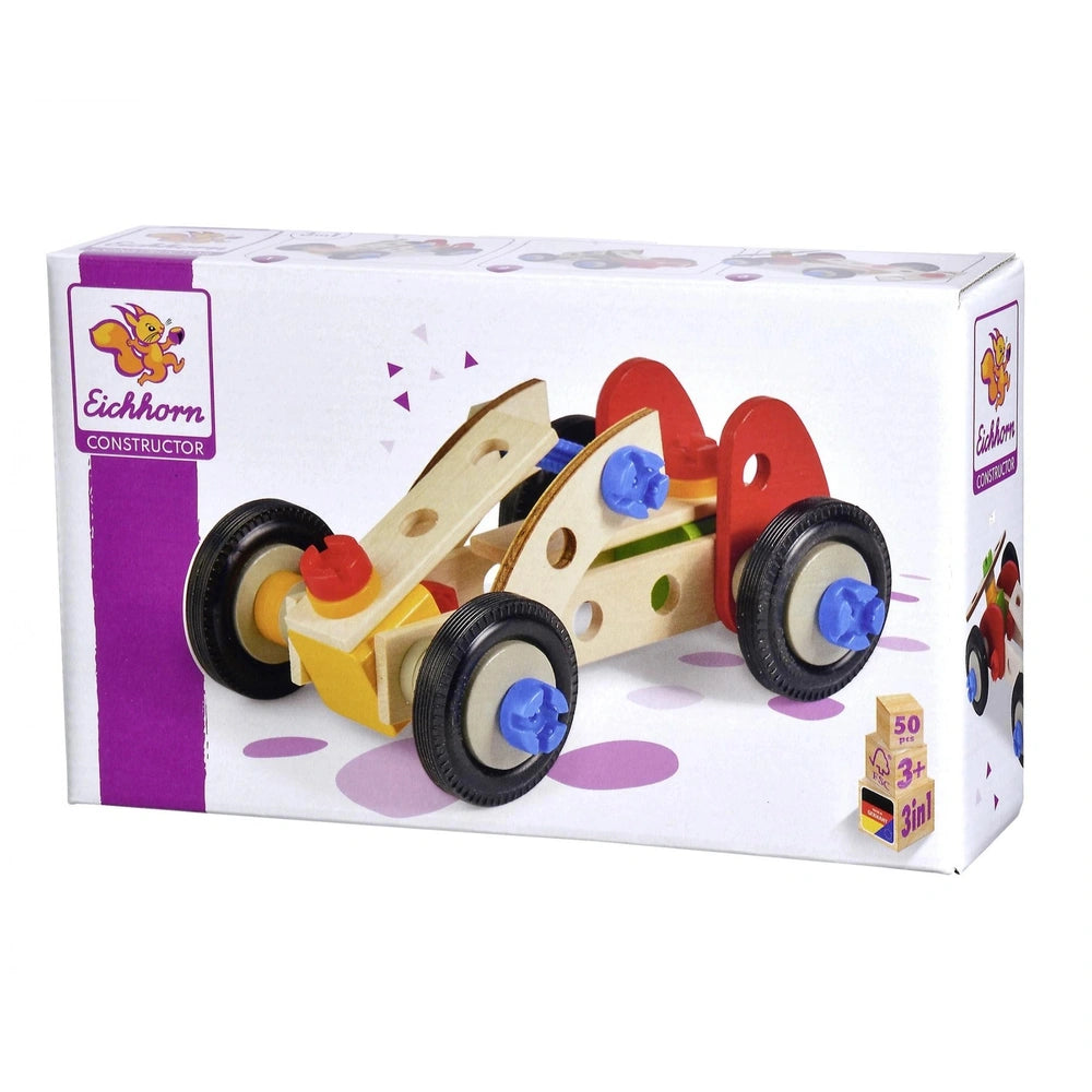 Eichhorn Constructor Racer Car construction set features colorful wooden parts, wheels, and an instruction manual in a playfu