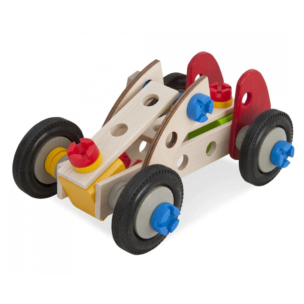 Wooden constructor racer car in red, yellow, and black with visible grain, black wheels, and blue plastic connectors.