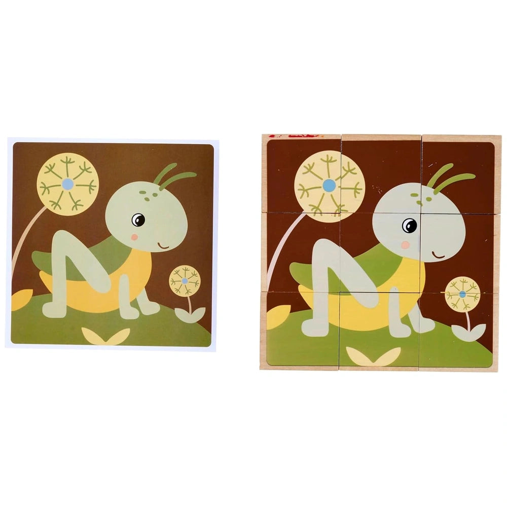Eichhorn puzzle tiles feature a smiling caterpillar character on green and brown backgrounds, promoting a playful design.