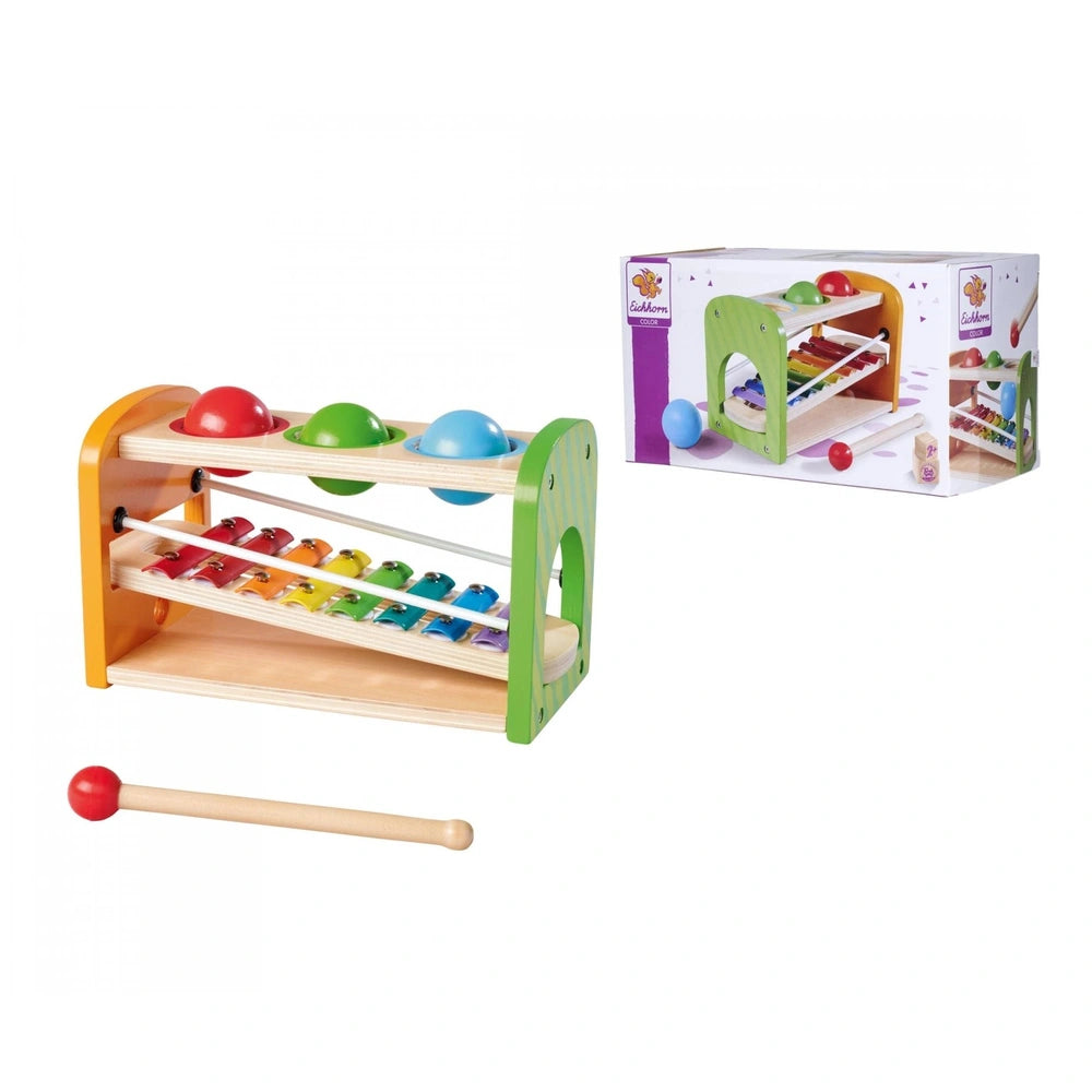 Eichhorn Hammer Bench with Xylophone showcases vibrant wooden toys for children, promoting musical play and hand-eye coordina