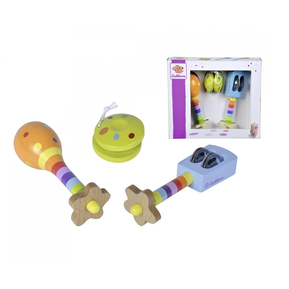 Eichhorn Maracas in vibrant colors, alongside a toy container and box, showcased on a plain white background.