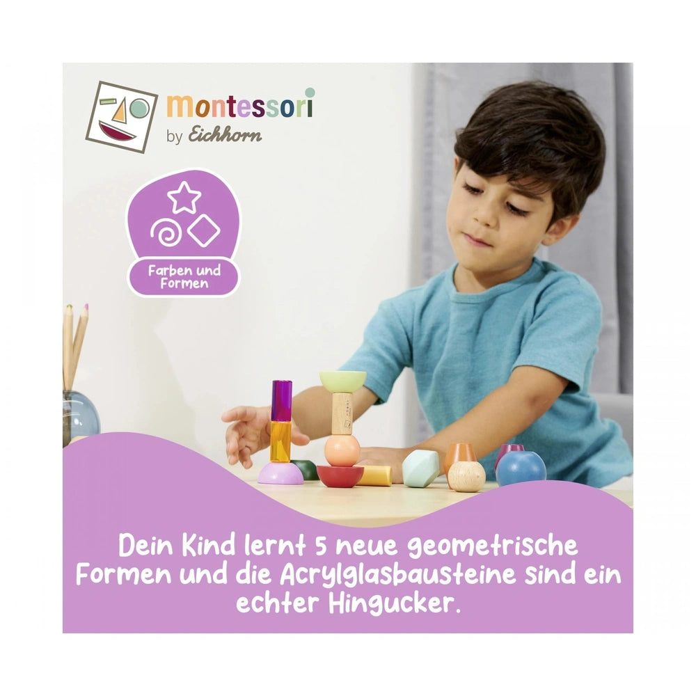 Eichhorn Montessori Stapel-Beads show a child learning geometry with colorful blocks on a wooden table, promoting educational