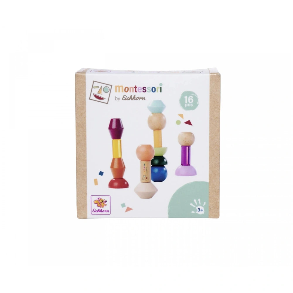 Eichhorn Montessori Stapel-Beads packaging featuring colorful educational toys for children, suitable for ages 3+.