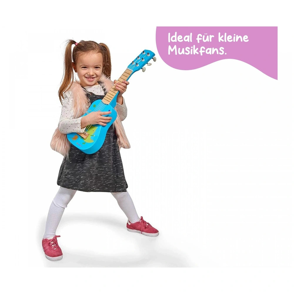Eichhorn Music Wooden Guitar 54cm with girl in black dress playing, smiling against a white background. Ideal for young music