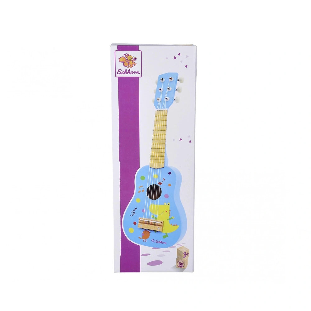 Eichhorn music toy guitar 54cm, colorful design with blue body, yellow and green patterns, and purple headstock.