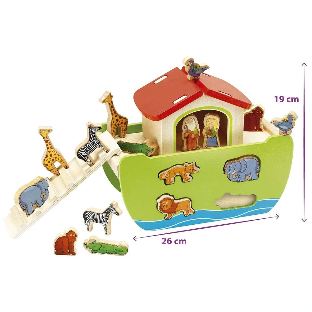 Eichhorn Noahs Ark toy playset featuring a colorful houseboat and various animal figures on a white background.