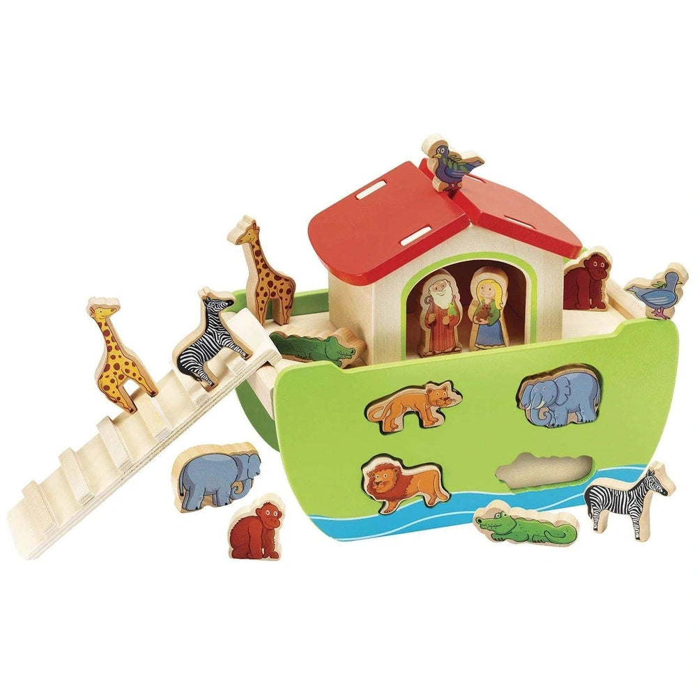 Eichhorn Noahs Ark toy playset featuring vibrant wooden boat, animal figures, and cartoonish characters on a white background