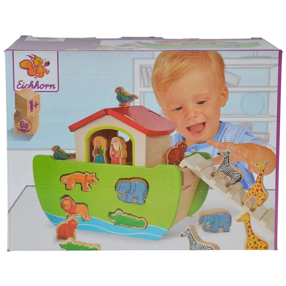 Eichhorn Noahs Ark playset featuring a colorful boat, animal figures, and a child engaging with a counting block.