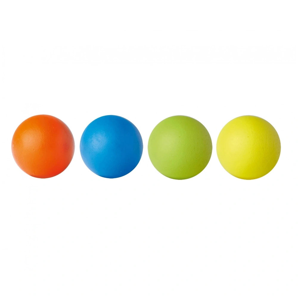 Eichhorn Outdoor Croquet Set features four colorful spheres: orange, blue, green, and yellow, arranged in a line on a white b