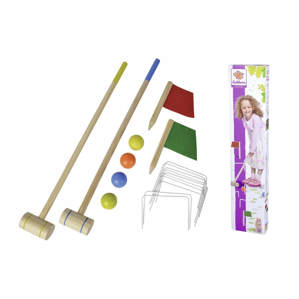 Eichhorn Outdoor Croquet Set with mallets, colored balls, and packaging box displayed on a plain white background.
