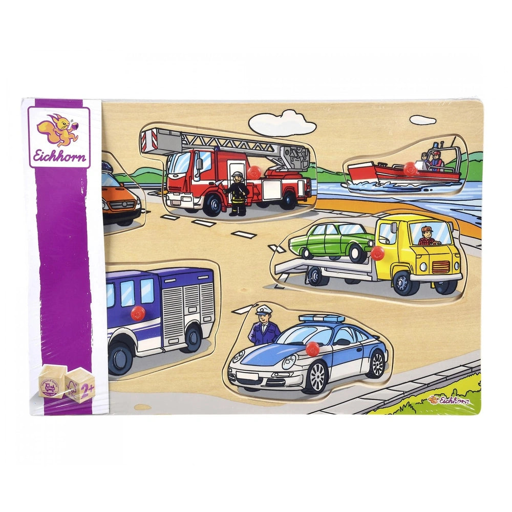 Eichhorn Pin Puzzle featuring a vibrant roadway scene with various vehicles like a fire truck, police car, and boats.