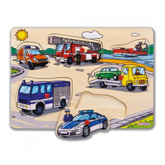 Eichhorn Pin Puzzle features a colorful roadway scene with various vehicles and characters, perfect for childrens play and le