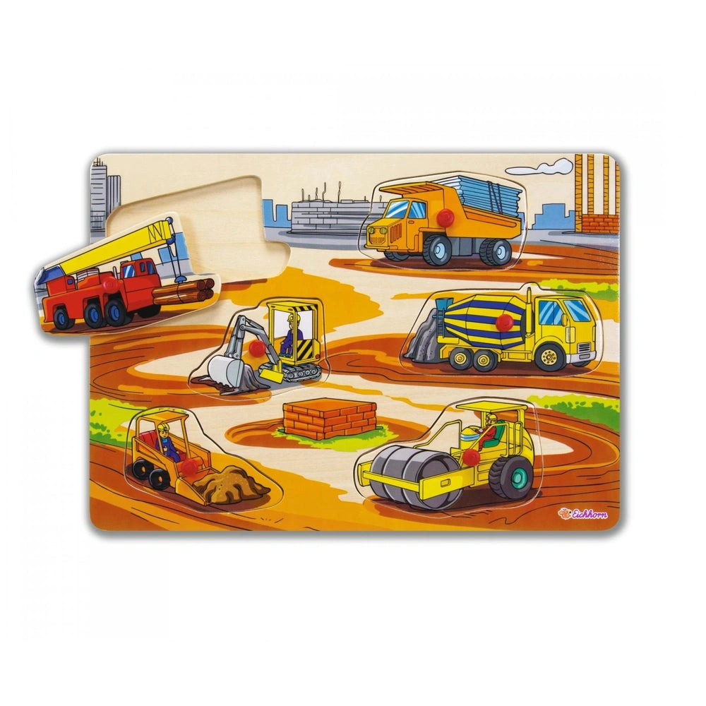 Eichhorn Pin Puzzle features a colorful construction site scene with a bulldozer, dump truck, crane, and a truck with materia