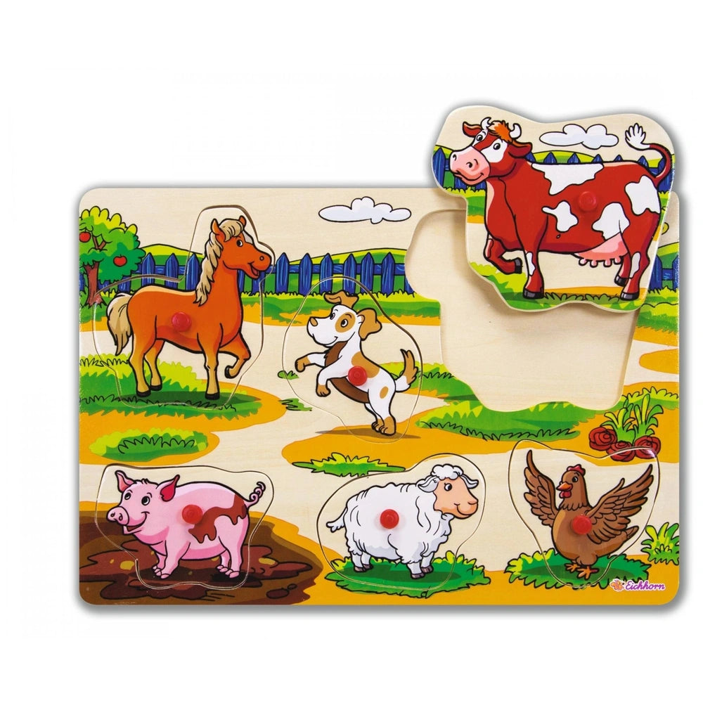 Eichhorn Pin Puzzle features colorful wooden farm animals and scenes, perfect for young children to learn and play.