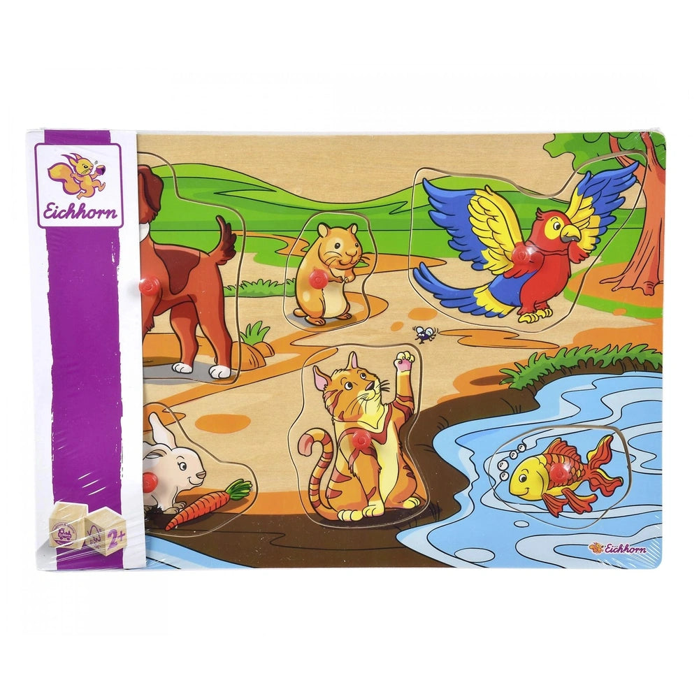 Eichhorn Pin Puzzle featuring vibrant cartoon animals and a natural landscape, designed for childrens educational play.