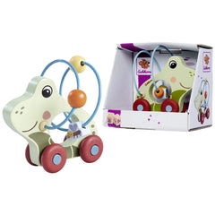 Eichhorn Push Frog toy in white and green with red wheels, blue handlebar, and yellow bell for baby activity fun.