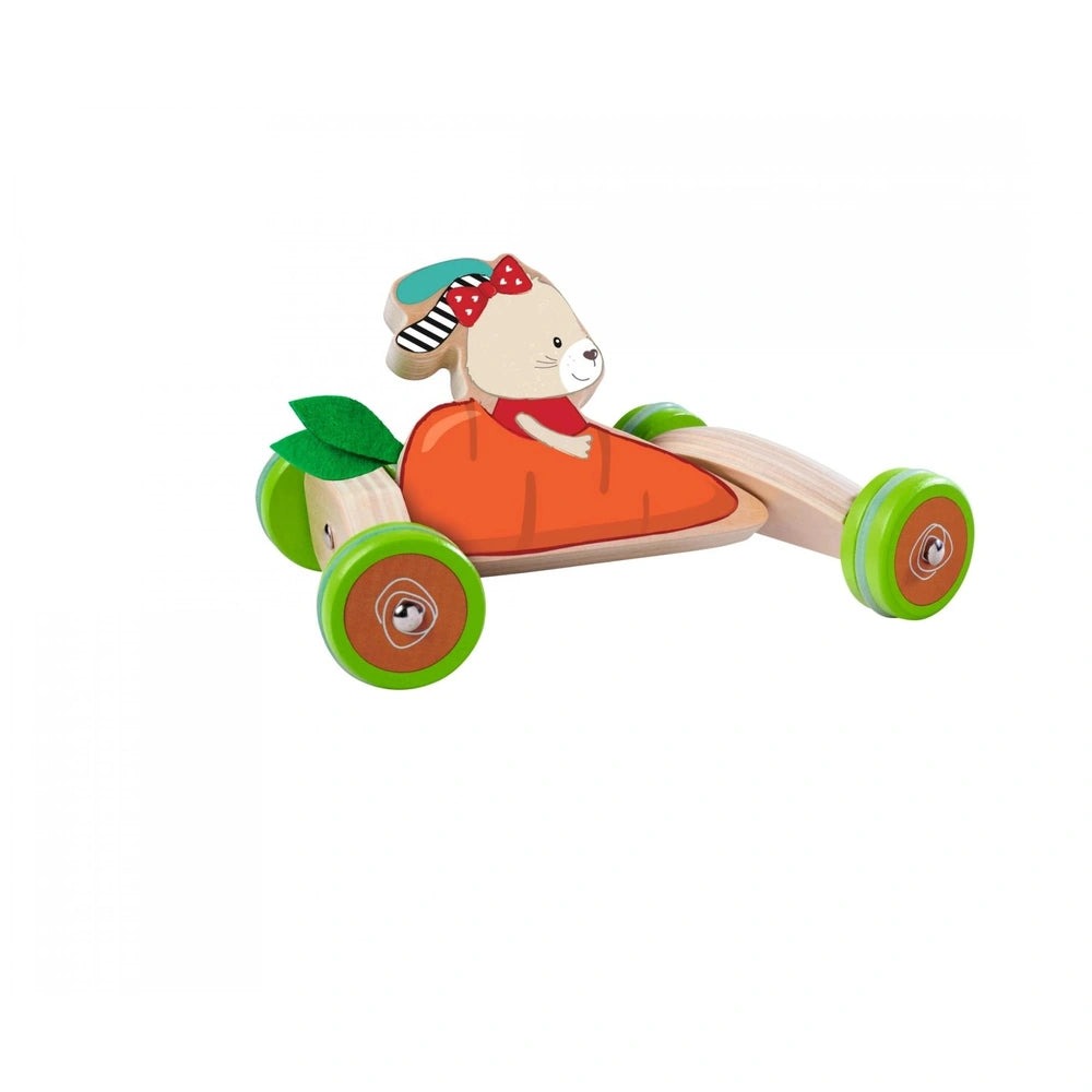 Eichhorn Push Vehicle in orange with red roof, green wheels, sunglasses, and a bow tie, featuring a playful design.