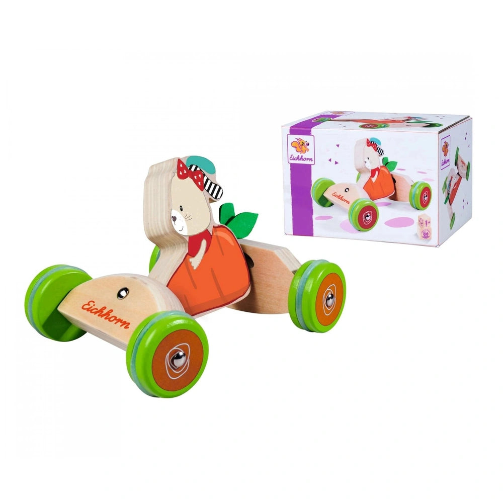 Eichhorn Push Vehicle features a cartoonish wooden toy car with a smiling face, red body, and green wheels in a display box.