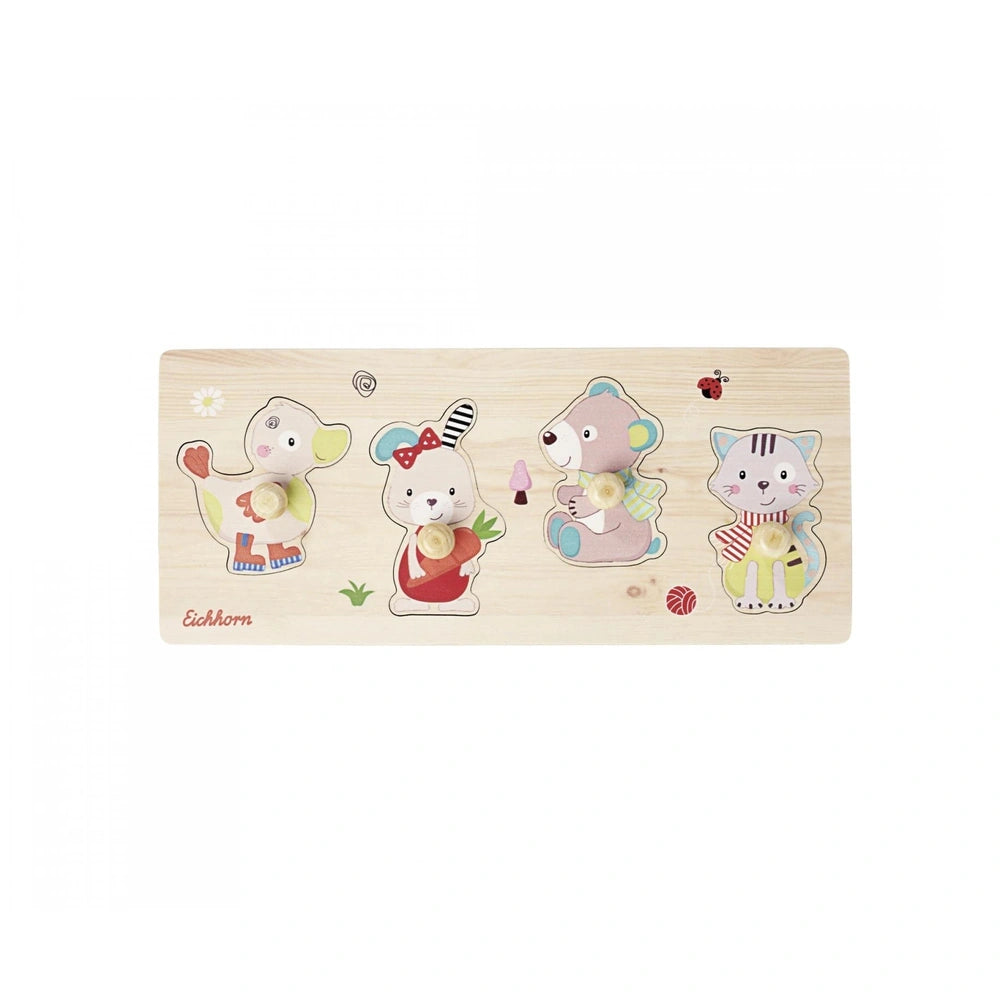 Eichhorn Puzzle Friends features cute animal characters on a colorful wooden board, perfect for childrens decor and play.
