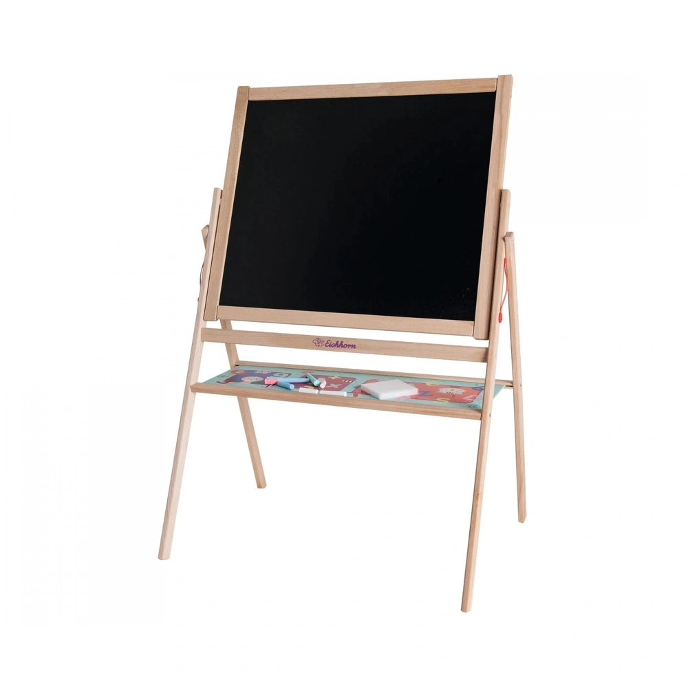 Eichhorn Standing Blackboard with light wood finish, metal connectors, and a colorful shelf for educational fun.